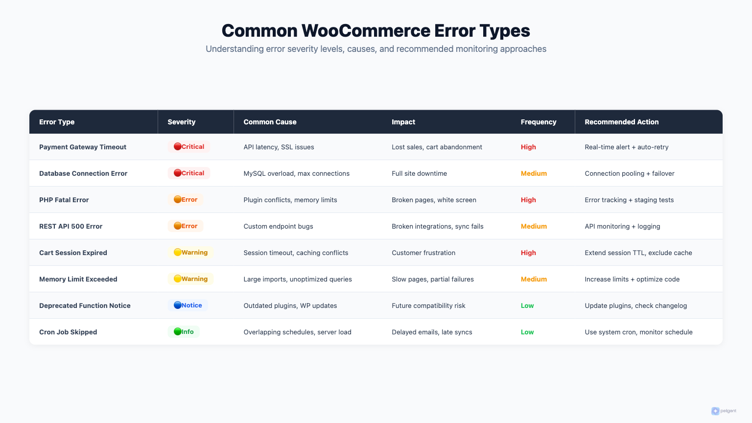 WooCommerce error types overview showing fatal errors, warnings, notices, database errors, API errors, and checkout errors
